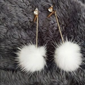 White Pom Pom Drop Earrings with Gold Rod